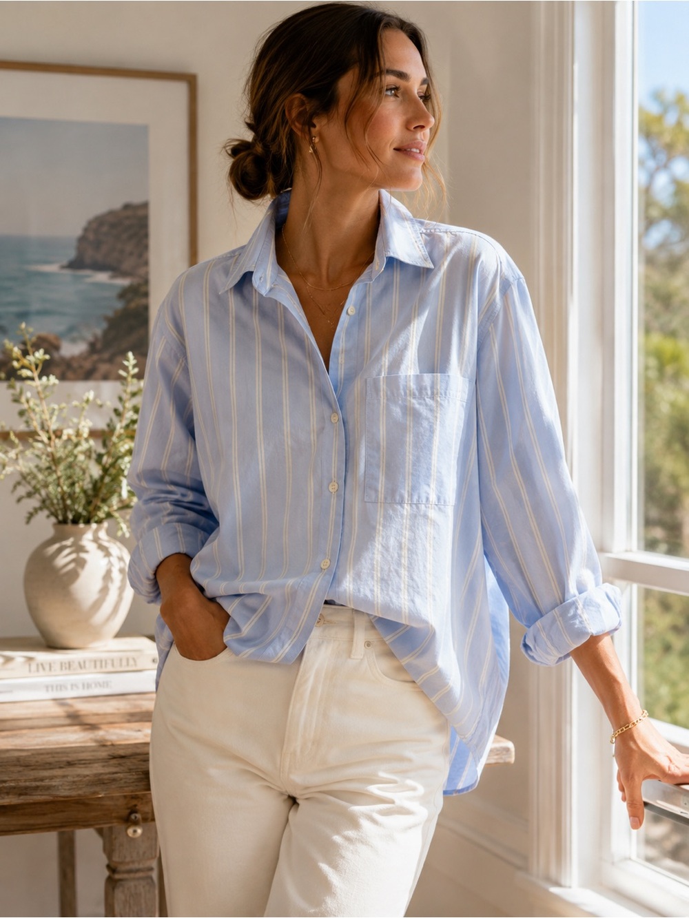 AYR The Deep End Button Down Shirt Striped Cotton Oversized Top M costal minimal